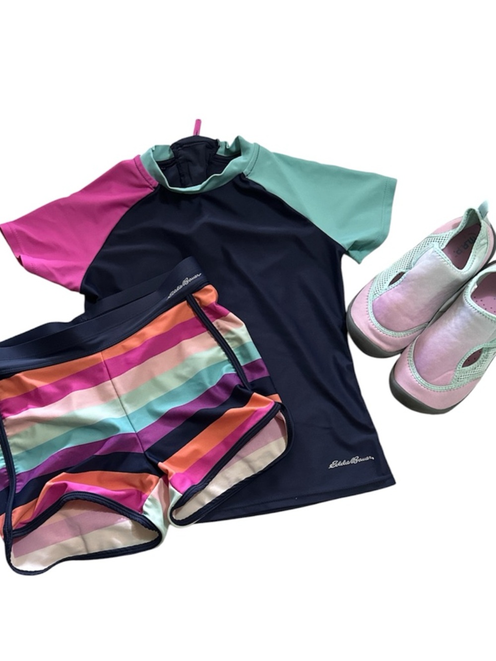 EDDIE BAUER Girl’s Rash Guard Swim Set 2-Piece S (7/8) + M.A.P. Water Shoes (1M)